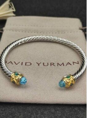 🔔David Yurman🚀Two-Tone Twisted Cable Cuff Bracelet Green Gemstones Open Bangle